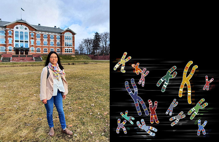 （左）ノルウェー生命科学大学のキャンパスで（齊藤さん提供）。（右）齊藤さんが製作したゲノムをモチーフにしたデザイン画
