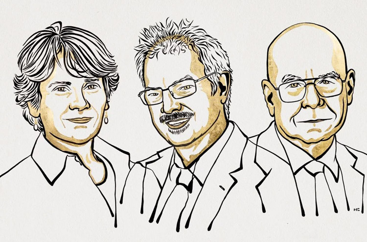 ノーベル化学賞の受賞が決まった（左から）キャロライン・ベルトッツィ氏、モーテン・メルダル氏、バリー・シャープレス氏のイラスト（ニクラス・エルメヘード氏、ノーベル財団提供）