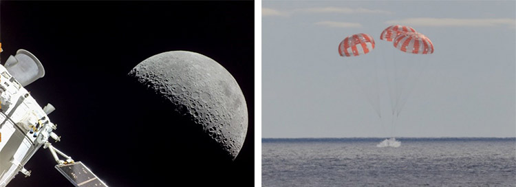（左）月に接近したオリオン。機体のカメラで撮影したもの＝5日、（右）メキシコ沖に着水したオリオン＝日本時間12日午前（いずれもNASA提供）
