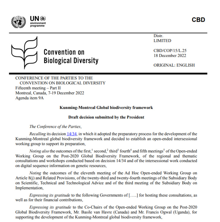 採択された合意文書最終草案の表紙の一部（COP15事務局提供）