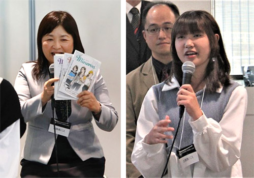 小山工業高等専門学校が定期的に発行するパンフレット「MINERVA」を紹介する柴田さん（左、サイエンスアゴラ事務局提供）と、意見を述べる佐野葵さん（右）
