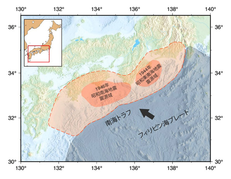 南海トラフ地震の想定震源域と昭和東南海地震・昭和南海地震の主要震源域（東北大のプレスリリースより）