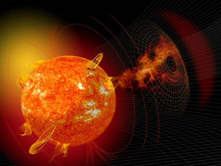 コロナ質量放出の想像図。電気を帯びた粒子が太陽から放出され、1～3日後に地球に到達し、人工衛星や地上の電子機器などに影響を与える（NASA提供）