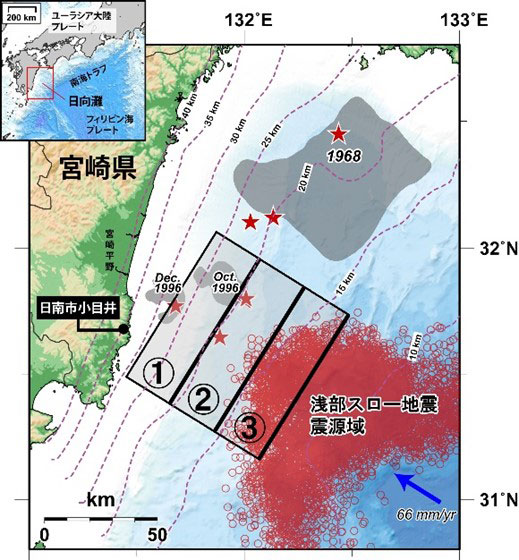 M7級地震を繰り返してきた断層1、2に加え、浅いスロー地震の震源域の断層3を加えて断層モデルを構築した。点線はプレート境界の等深線（京都大学、産業技術総合研究所、北海道立総合研究機構提供）