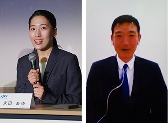 （左）都内で会見する米田さん、（右）オンラインで会見する諏訪さん＝いずれも28日