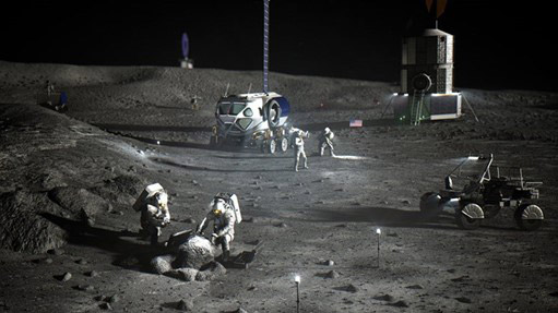 アルテミス計画で月面で活動する飛行士の想像図（NASA提供）
