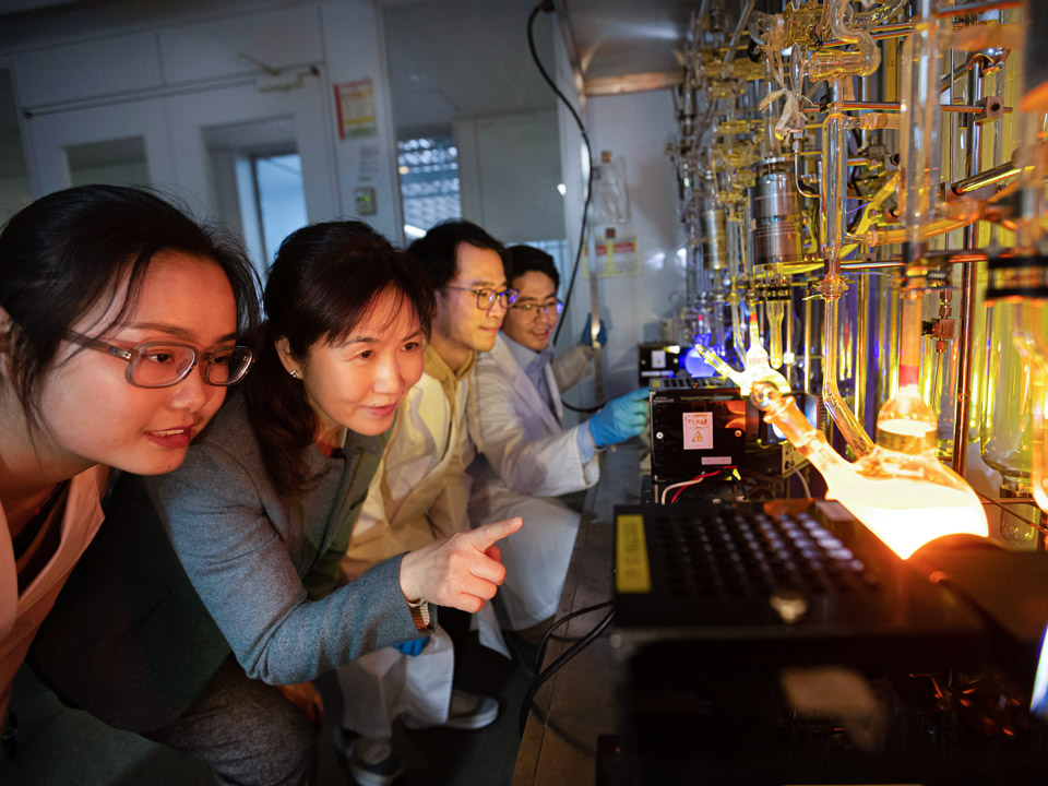 
光触媒研究のトップランナーとして活躍する葉金花さん（左から２番目）。中国やインドネシアからの留学生