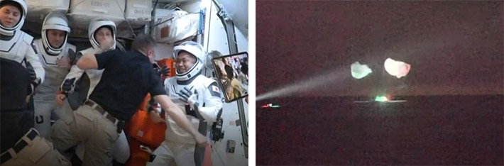 （左）ISSに残る飛行士と別れを惜しむ若田さんら、（右）着水するクルードラゴン（いずれもNASAテレビから）