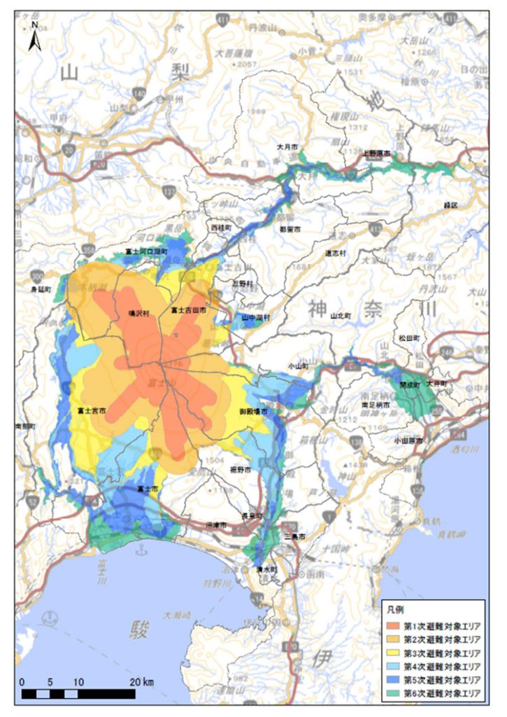 溶岩流の影響を基に6分類された避難対象エリア（富士山火山防災対策協議会／国土地理院提供）