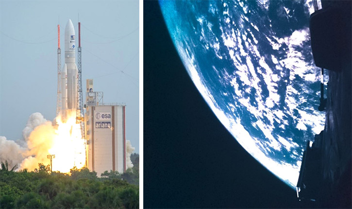 （左）ジュースを搭載し打ち上げられるアリアン5ロケット＝日本時間14日夜、仏領ギアナ（ESA提供）、（右）打ち上げ4分後にジュースが撮影した地球（ESAなど提供）