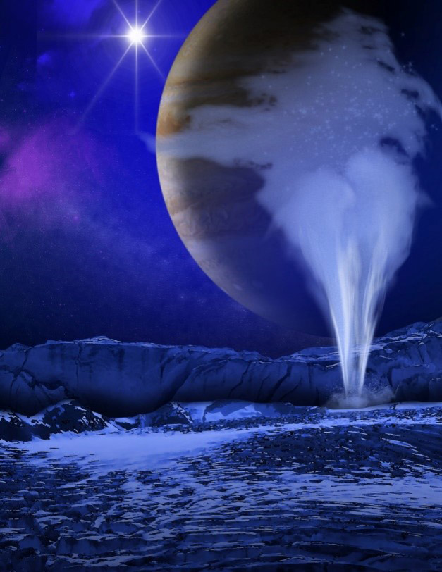 エウロパの表面から水が噴出する様子の想像図。ハッブル宇宙望遠鏡が捉えたとして2013年に発表され、地下海に由来するものとみられている。そこに、生命は…（NASA、ESAなど提供）