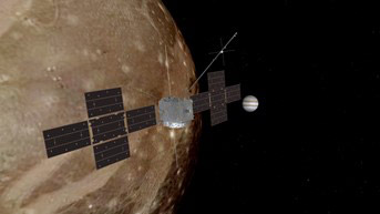 ガニメデを探査する探査機「ジュース」の想像図（ESA提供）