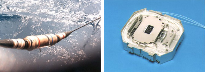 海底光ケーブルの中継器（左）が内蔵している光増幅器（国際科学技術財団提供）