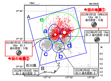 2020年以降の一連の地震活動のa、b、c、dの4つの活動域。5月5日の最初のM6.5の地震はd域で、M5.9の地震はa域で発生した（地震調査委員会提供）