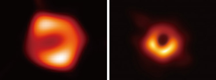 （左）GMVAで今回撮影したM87中心部の降着円盤（路如森氏ら提供）、（右）EHTで撮影し2019年に公開した光子リング（EHTコラボレーション提供）。一見、似ているが大きさが異なる