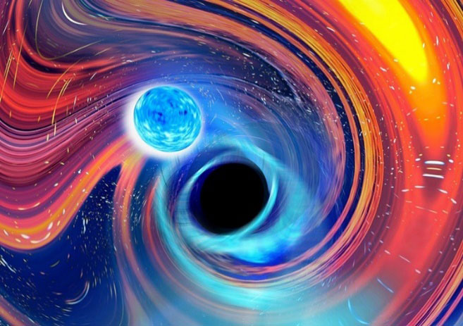 ブラックホールと中性子星が合体して重力波が発生する現象の概念図（オーストラリア・スウィンバーン工科大学カール・ノックス氏提供）