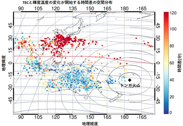 トンガ火山から同心円状にプラズマバブルが発生し、噴火から約2時間で日本列島に近ずいてきたことが分かる（名古屋大学提供）