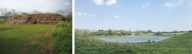 サン・クラウディオ遺跡（左）とサン・クラウディオ湖。湖の直径はおよそ300メートル、深さは乾期で27メートルほど（北場さん提供）