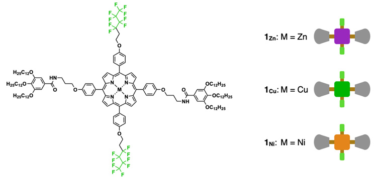 研究で用いたポルフィリン分子の構造。ポルフィリン分子の中心（M）には、亜鉛（紫）、銅原緑）、ニッケル（オレンジ）のいずれかをはめ込む（杉安和憲・京都大学教授提供）