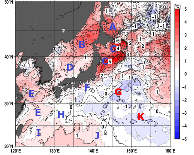 日本近海の海面水温の平年値（1991～2020年の平均値）を基準にした7月9日の温度差の分布図。赤色が濃い海域ほど海面水温が高まっていることを示す（気象庁提供）