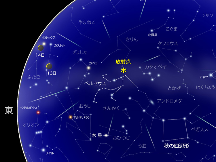 13～14日午前3時頃の東京の空で、ペルセウス座流星群の放射点は北東付近にある（国立天文台提供）