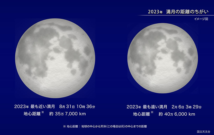 今年の“スーパームーン”（左）と“ミニマムーン”の違い（国立天文台提供）