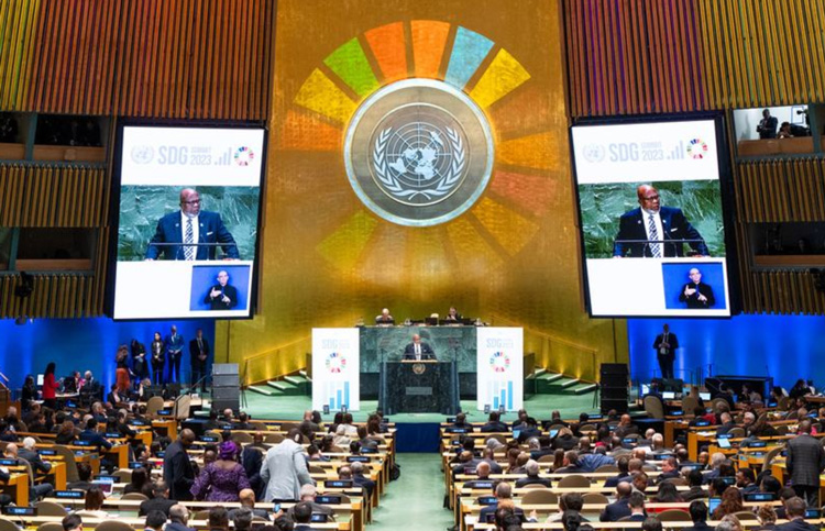 「持続可能な開発目標（SDGs）」に関する首脳級会合初日の18日の様子（国連提供）