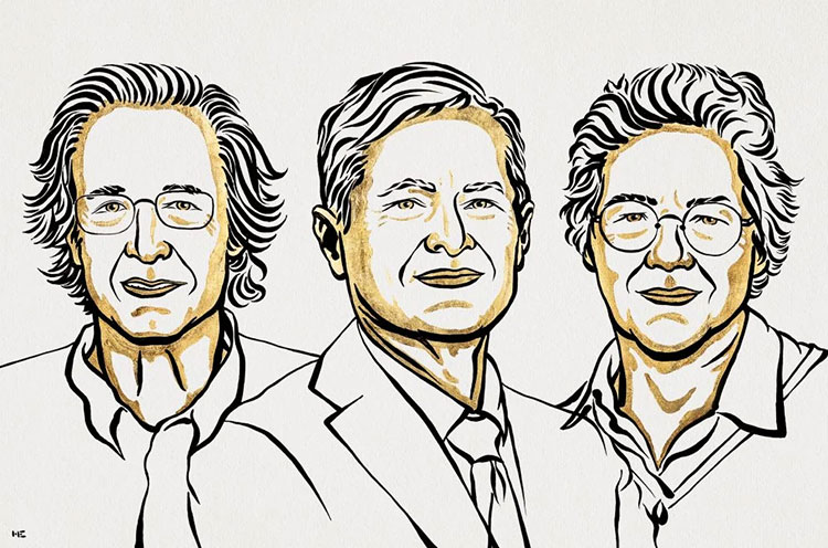 ノーベル物理学賞の受賞が決まった左からアゴスティーニ、クラウス、ルイエ氏のイラスト(ニクラス・エルメヘード氏、ノーベル財団提供)