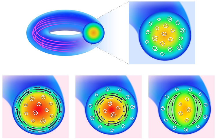 トロイダル流（ピンク）、ポロイダル流（黒）、乱流（白）、温度分布（青～赤）のさまざま。低温のLモード（右上）、周辺で急昇温するHモード（左下）、中心で急昇温する内部輸送障壁モード（中央下）、昇温が妨げられる磁気島状態（右下）がある（核融合科学研究所提供）