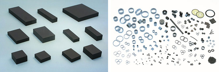 （左）焼結法によるネオジム磁石、（右）複雑な形にできるネオジムボンド磁石（いずれもダイドー電子提供）
