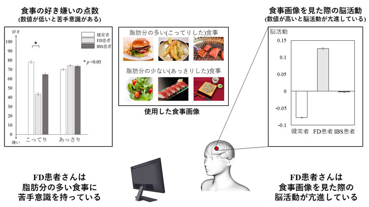 実験結果のグラフ。FD患者は脂肪分が多い食事に苦手意識を持っていることが分かった（グラフ左）。食事画像を見ただけで脳血流量が増加し、ストレスを感じていることが分かる（川崎医科大学提供）