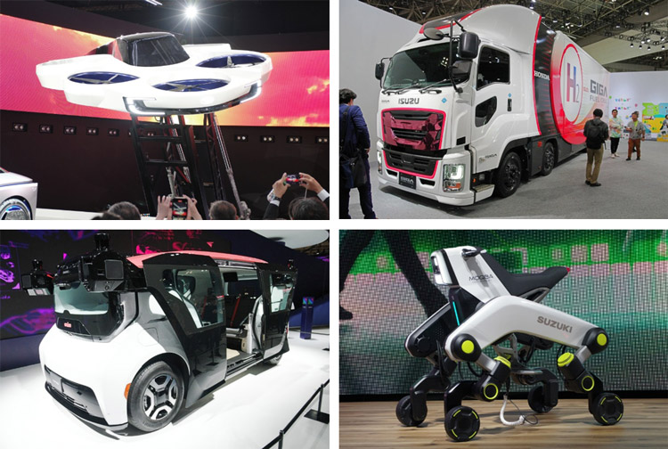 ジャパンモビリティショーに展示された未来の乗り物たち。（左上）空飛ぶ車＝スバル、（右上）燃料電池大型トラック＝いすゞ・ホンダ、（左下）自動運転EV無人タクシー＝ホンダ、（右下）人を乗せ階段も昇降できる4脚車両＝スズキ