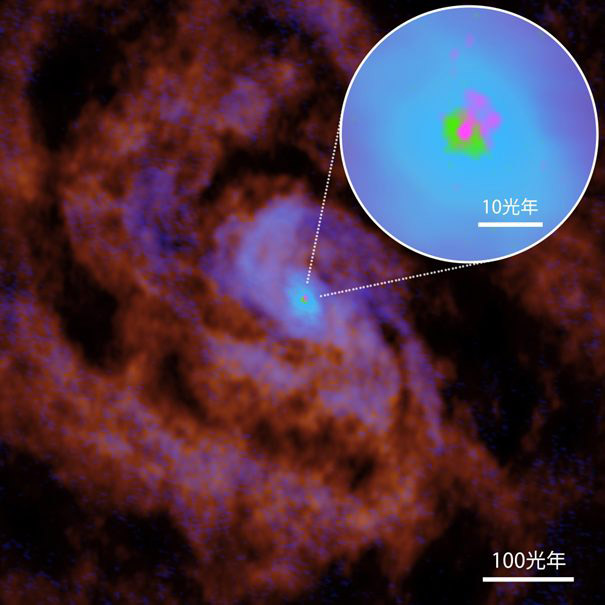 アルマ望遠鏡で観測したコンパス座銀河の中心部。高密度分子ガス円盤（緑色の領域）の大きさは直径約6光年ほどで、高解像度で初めて明確に捉えた（アルマ望遠鏡、泉拓磨氏ほか提供）