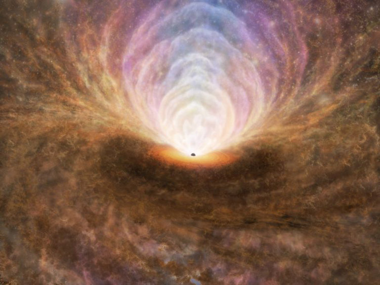 観測結果に基づく想像図。巨大ブラックホールに落ち込むガスは流れ出た後、大半が再び落ち込んで循環している（アルマ望遠鏡、泉拓磨氏ほか提供）