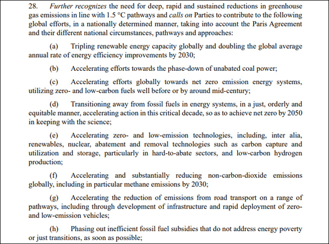 「グローバルストックテイク」のうち、「再生可能エネルギー3倍」など、主な合意ポイントを明記した項目28部分（国連／COP28事務局提供）