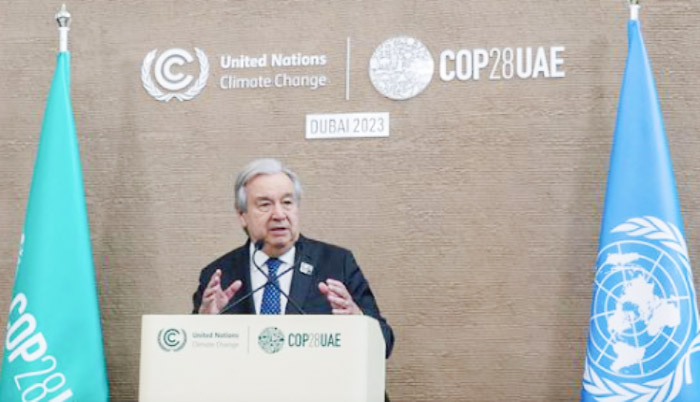 COP28で演説するグテ―レス事務総長（国連提供）