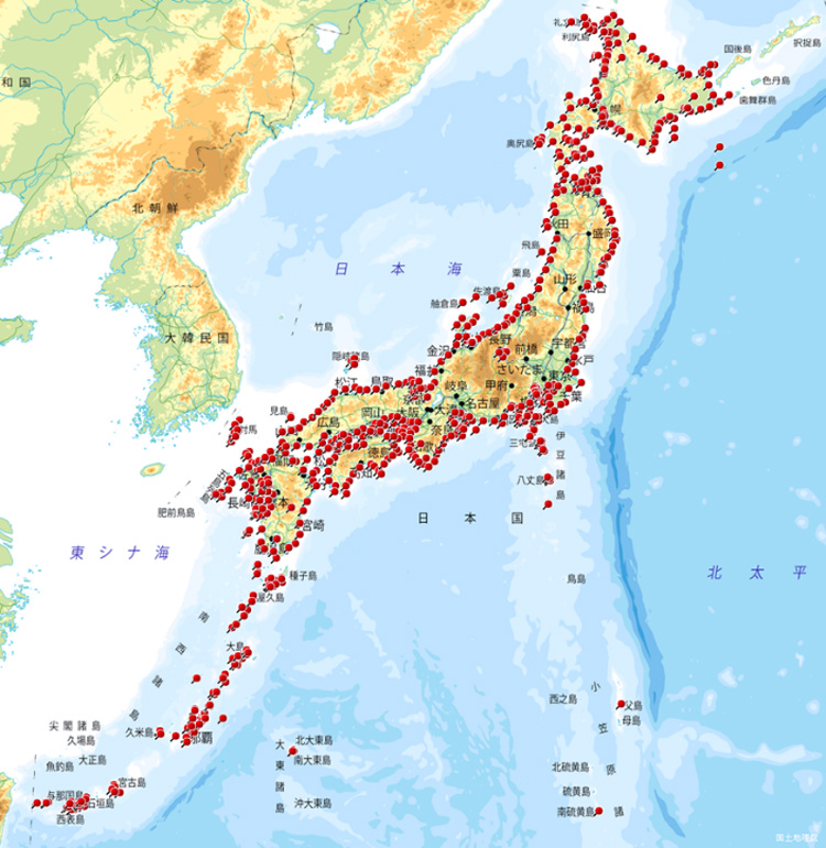 ANEMONEとその前身のJST CRESTプロジェクトにおける調査地点を赤い丸で示した。日本全国で行われていることが分かる（近藤倫生教授提供）