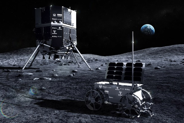 ハクトRミッション2の月面着陸機（左）と、搭載する小型探査車の想像図（アイスペース社提供）