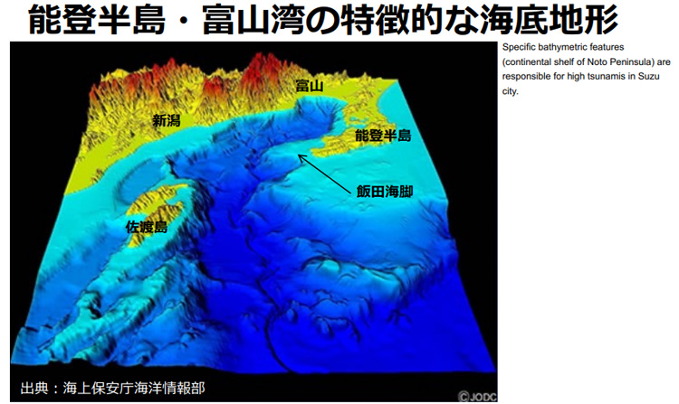 能登半島と富山湾周辺の特徴的な海底地形（東北大学災害科学国際研究所／海上保安庁提供）