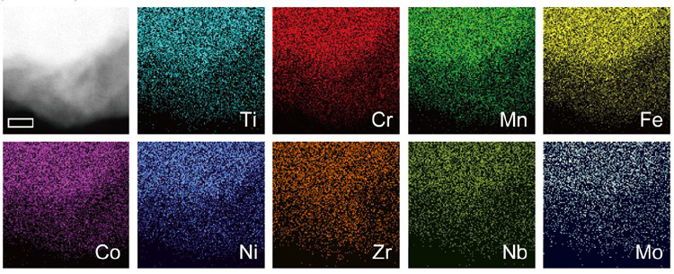 合金の透過型電子顕微鏡像（左上）と、Ti、Cr、Mn、Fe、Co、Ni、Zr、Nb、Moについて元素分析を行った「その場元素マッピング」像。9つの元素が均一に混じり合っている（筑波大学数理物質系伊藤良一准教授提供）