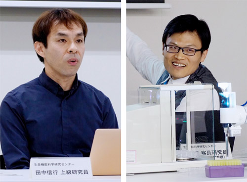 研究グループの（左）田中信行・理研上級研究員、（右）万偉偉・大阪大准教授