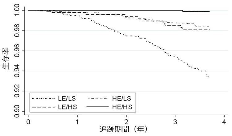 エネルギー摂取量の多寡（HEとLE）と歩数の多寡（HSとLS）の組み合わせによる4グループの生存曲線（渡邉大輝早大助教提供）