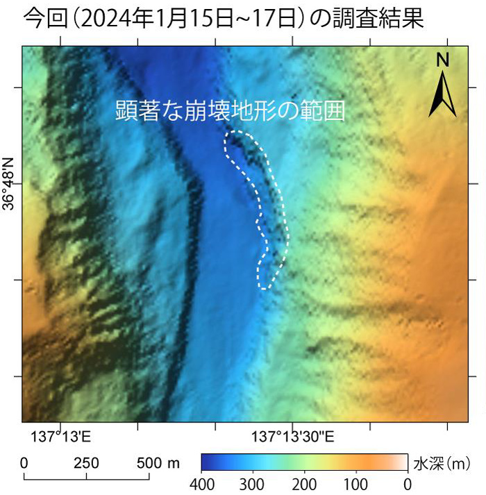 富山市沖約4キロの富山湾海底で確認された斜面崩壊を示す解析図（海上保安庁提供）