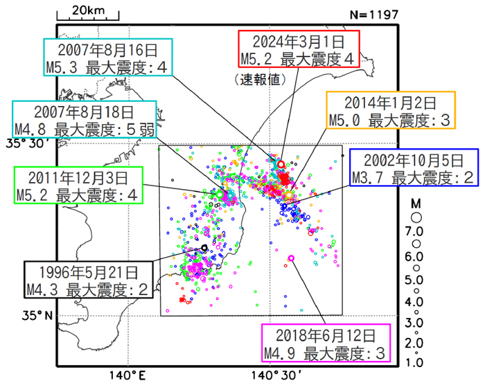 過去のスロースリップ現象による主な地震と震央を示す図（政府地震調査研究推進本部提供）