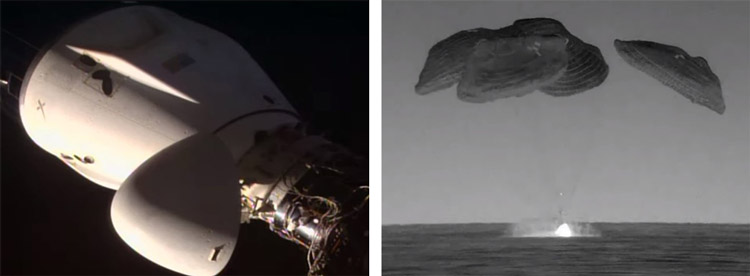 古川さんらが乗ったクルードラゴン。ISS離脱直前（左）と着水時の様子（いずれもNASAテレビから）