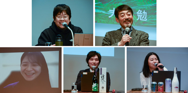 トークセッションに参加した（左上から）手嶋勝弥教授、大塚勉名誉教授、（左下から）岡澤有実子さん、関晋司さん、冨成和枝さん