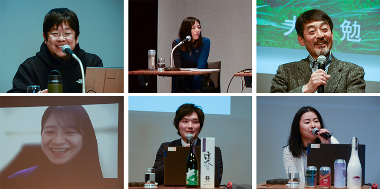 トークセッションに参加した（左上から）手嶋勝弥教授、上村遥子さん、大塚勉名誉教授、（左下から）岡澤有実子さん、関晋司さん、冨成和枝さん
