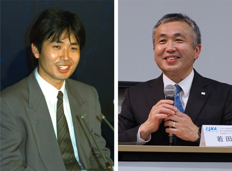 あれから32年。（左）1992年4月、飛行士候補に選ばれ会見する若田さん（JAXA提供）。（右）先月29日、JAXA退職にあたり会見する若田さん＝東京都千代田区
