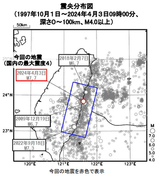 2009年以降台湾東部で起きた主な地震。〇は震央の位置（気象庁提供）