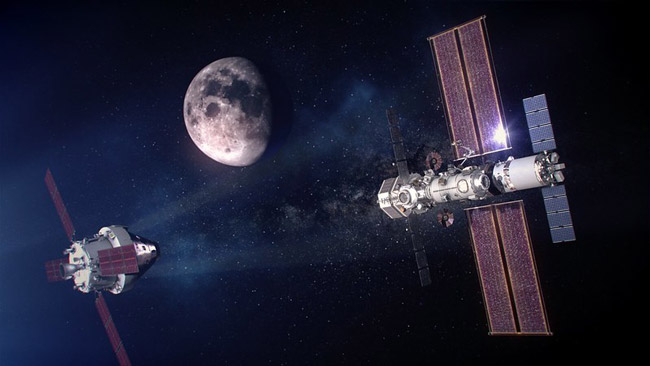 ゲートウェー（右）と、地球との往復に使う有人宇宙船の想像図（NASA、アルベルト・ベルトリン氏提供）